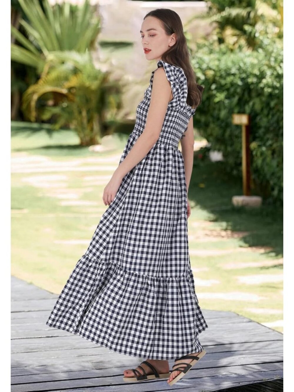 Women's Black Retro Plaid Smocked Spaghetti Strap Flounce Long Maxi Dress - Picture 4 of 6